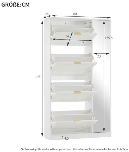 Ulife Schuhschrank 4 klappbare Ablagefächer, weiß, Maße: B80/H147/D24 cm, verstellbare Ablage hinter dem rechten Spiegel