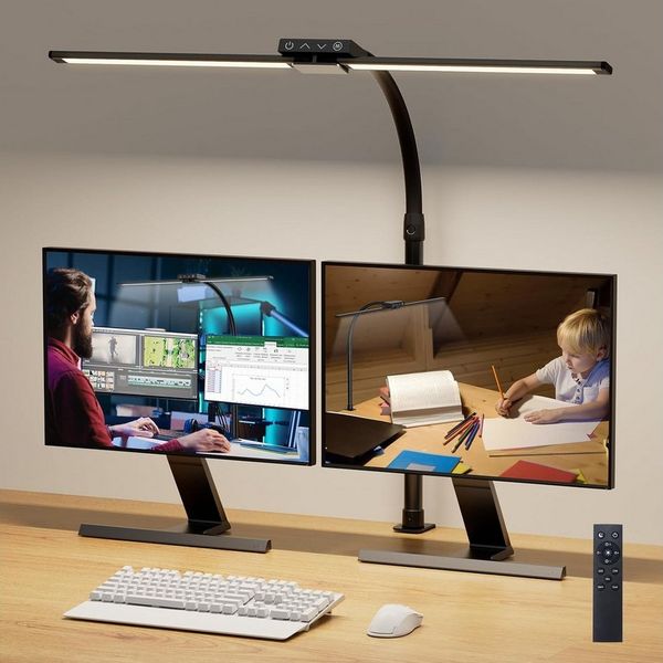 Quntis LED Schreibtischlampe 24W LED Doppelkopf Schwanenhals-Schreibtischlampe mit Klemmarm, Dimmbar, LED fest integriert, Kaltweiß/Naturweiß/Warmweiß, Schwanenhals-Büro-Tischlampe mit Fernbedienung für Home Office