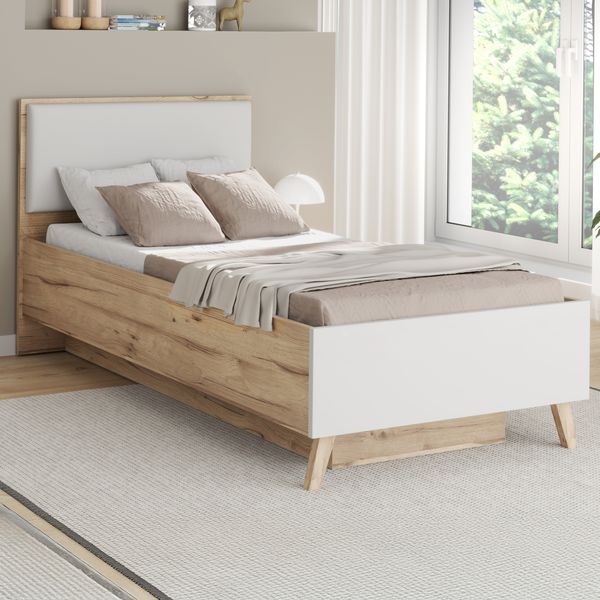 Forte VANKKA Bettgestell, Liegefläche: 90 x 200 cm , Skandi Bett mit Polsterkopfteil, Einzelbett, Schlafzimmer, Holzwerkstoff, Planked Eiche Holzdekor, 97,4 cm breit x 94,2 cm hoch x 206,5 cm tief