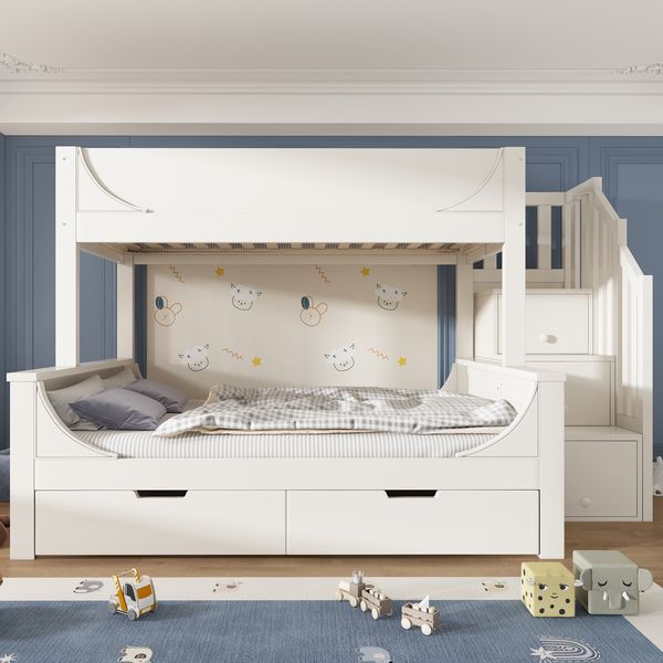 Etagenbett 90/140×200 cm aus Holz und Metall mit Leiterschrank und Schubladen, weiß