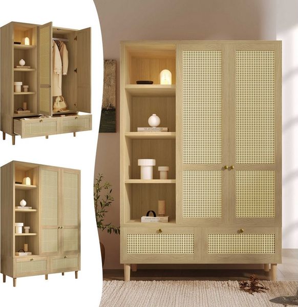 BlingBin Kleiderschrank Schlafzimmerschrank, Garderobenschrank (Kleiderschrank in heller Eiche mit Rattan & Bogenform, 1-St, mit Kleiderstange, 2 Schubladen, MDF & Massivholz, 180 cm hoch) Stauraum für Kleidung, Accessoires & Schuhe
