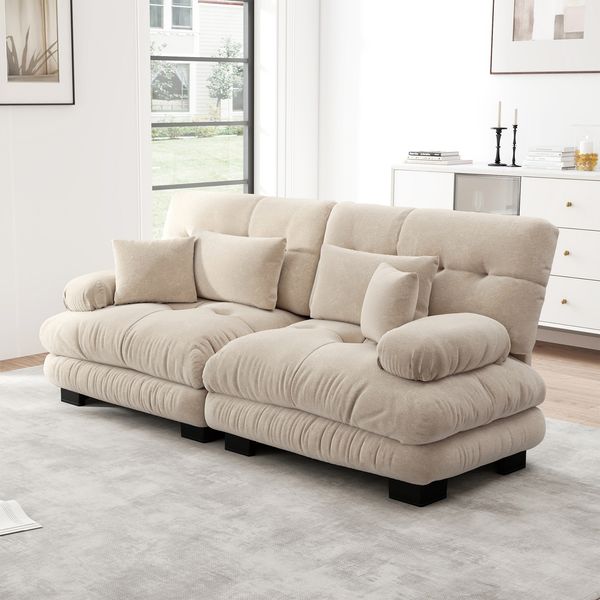 Ecksofa aus Chenille mit modularer Form und Kissen, 220 x 77 x 81 cm, Hellbraun