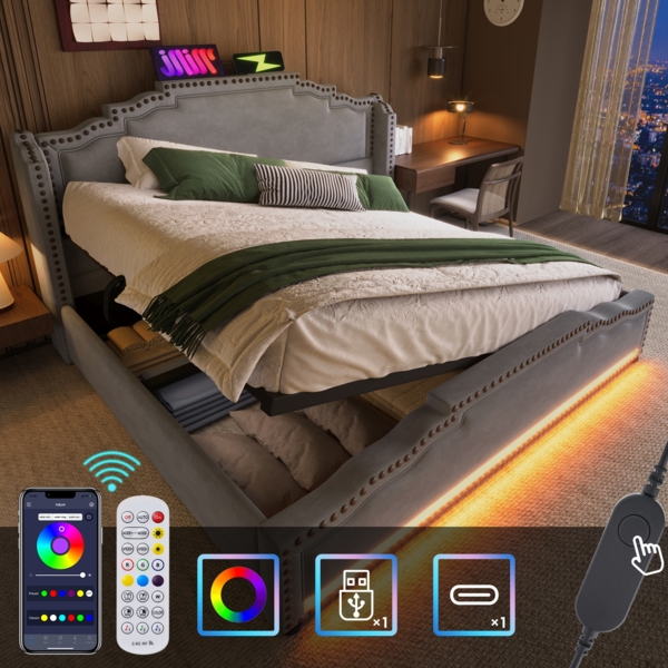 Merax Polsterbett 160x200, Doppelbett mit hydraulischem Stauraum, LED-Beleuchtung und USB-C-Ladeanschluss, Stauraumbett und Jugendbett mit Lattenrost, Samt, Grau, ohne Matratze