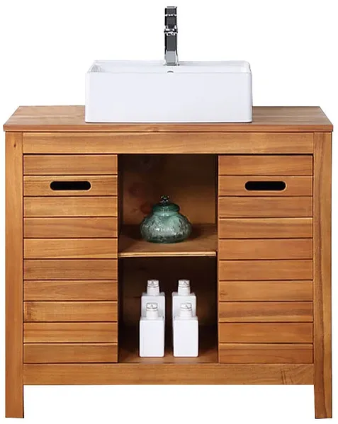 Vente-unique - PULUKAN Waschbeckenmöbel KeramikHolz, Platte Braun - B 50 cm x H 83 cm x L 90 cm