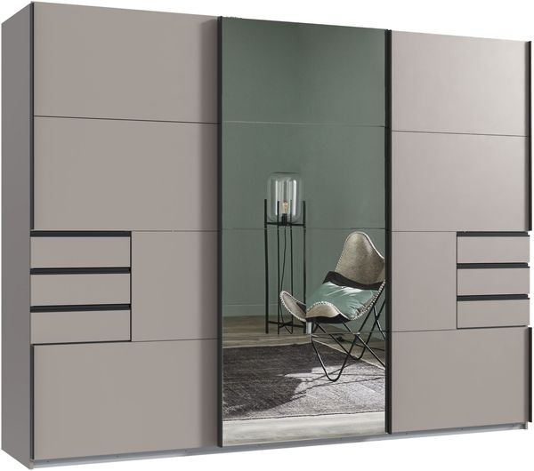 Schwebetürenschrank Kleiderschrank 3-trg 270 cm Sandgrau Spiegel u. Schubkästen