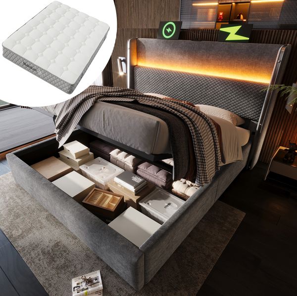 Polsterbett, Leinenoptik mit LED, Stauraum & USB-Anschluss, 160x200 cm, Grau, mit Matratze