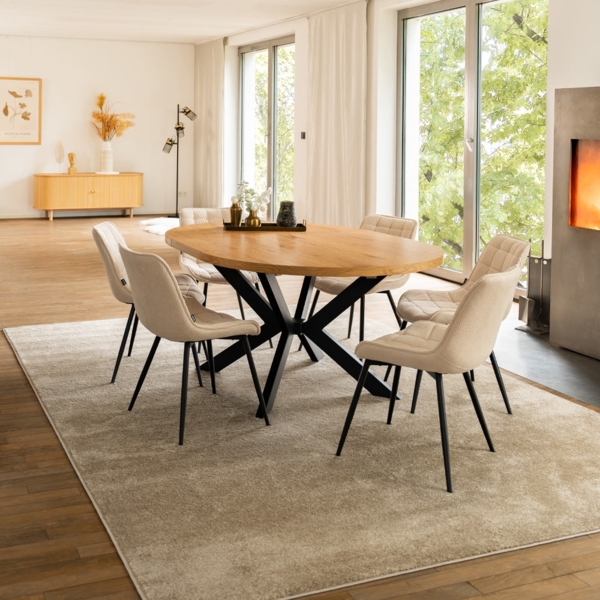 HOME DELUXE Essgruppe Rund Ausziehbar AVENTURA inkl. Sternfuß - 120-160 x 120 cm Light Oak 6 Stühle Creme