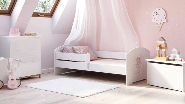 Dmora - Kinderbett Szczecin, Kinderbett für Schlafzimmer, Einzelbett mit Kommoden, Struktur mit ausziehbarem Bett, 85x164 h63 cm, Weiß mit Fee