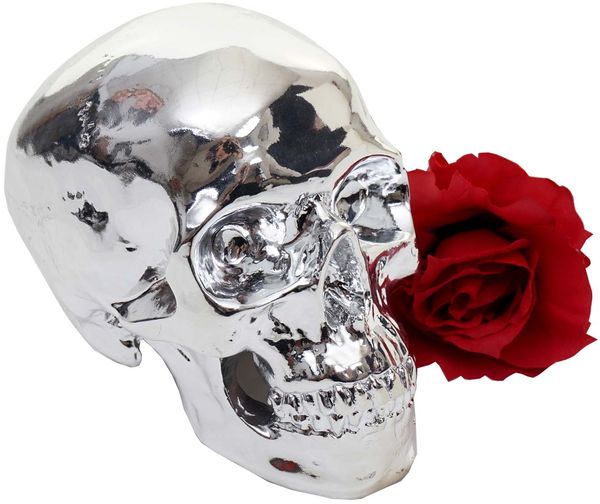 Deko Totenkopf HWC-T921, Polyresin Skulptur Totenschädel, In-/Outdoor 18cm silber hochglanz