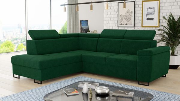 Ecksofa Natan mit Schlaffunktion und einstellbare Kopfstützen - Wohnlandschaft mit Metallfüßen, Couchgarnitur, Bettkasten, Sofa (Ecksofa Links, Grün (Kronos 19))