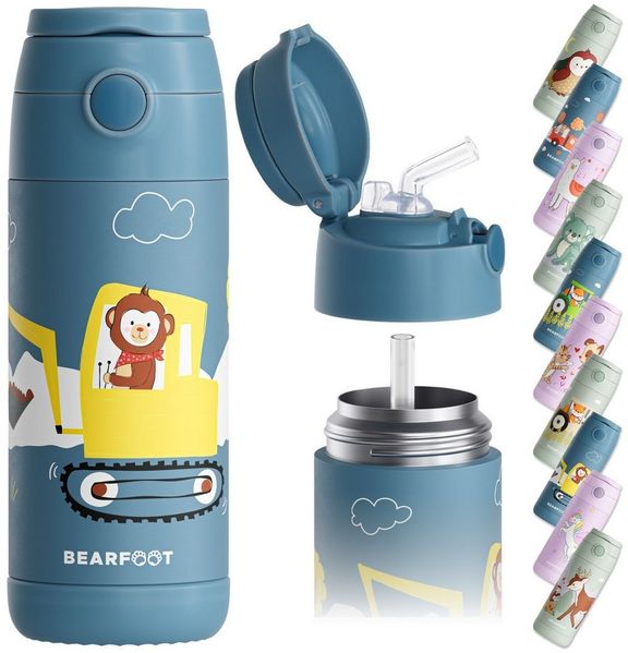 BEARFOOT Trinkflasche Thermo Kinder Trinkflasche Edelstahl - Bagger Affe blau, Thermosflasche, auslaufsicher, Edelstahl, Kinderflasche, BPA-frei