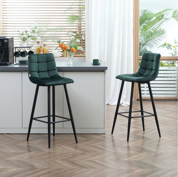 HOMCOM 2er-Set Barhocker, Bistrohocker mit Fußstütze, Barstuhl, Samt-Bezug, Küchenstuhl, Tresenhocker-Set mit Stahlbeinen für Wohnzimmer, Esszimmer, Grün, 42 x 47 x 105 cm