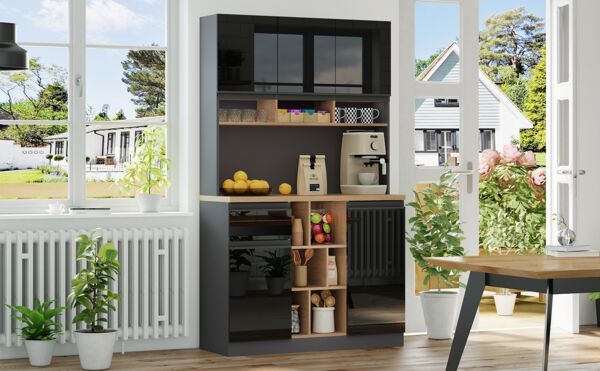 Hochschrank/Buffetschrank 105 x 45 x 185 cm aus MDF, Anthrazit/Hochglanzschwarz mit Schublade