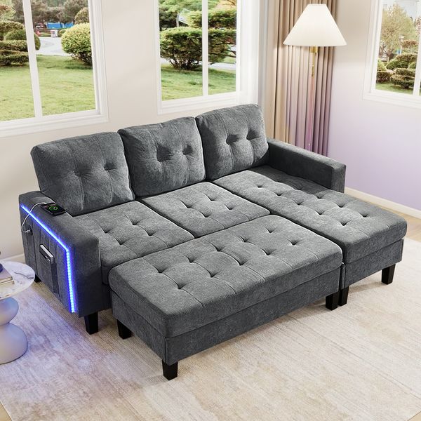3-Sitzer Ecksofa H 85 x T 185 x B 135 cm mit Hocker, Chenille, Schlaffunktion, LED & USB