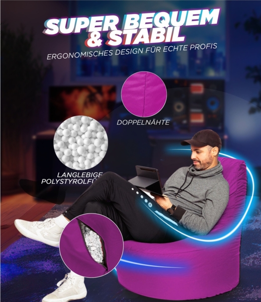 Patchhome Gamer Sitzsack, bereits befüllt, Polyester himbeere, Ø 65 cm Bild 5