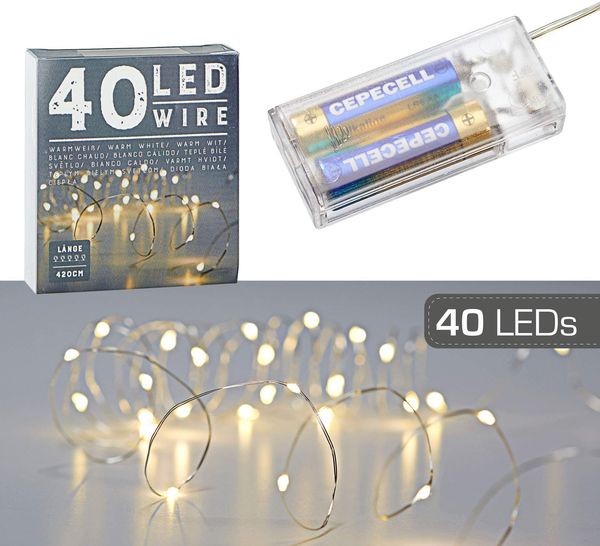Cepewa Mikro Draht Lichterkette Stern warmweiß silber Batterie Deko Beleuchtung Weihnachten (1x40 LED Mikro-Draht Lichterkette)