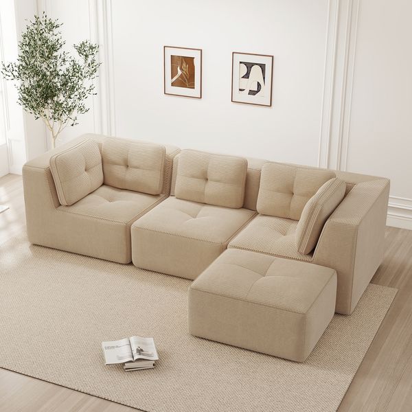 Ecksofa modular aus Cord in Beige, L-Form, tiefes Sitzgefühl, breite Armlehnen, kein Aufbau erforderlich,69 x 297 x 177 cm