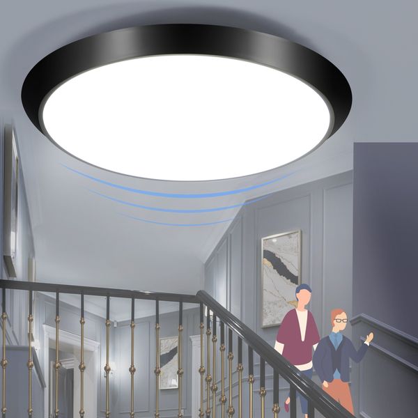 ZMH LED Deckenleuchte mit Bewegungsmelder Indoor Schwarz IP44 15 W Runde Kellerlampe mit Bewegungsmelder Ø 30 cm 4000 K