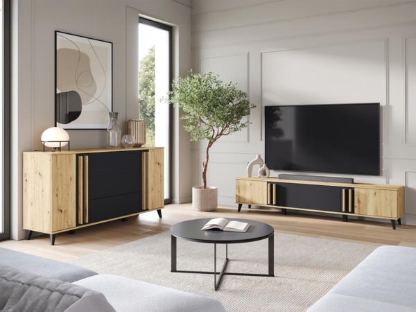 Wohnzimmer-Set Hailea III (Farbe: Artisan Eiche / Schwarzer Graphit + Artisan Eiche)