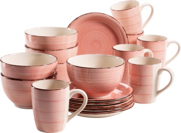 Frhstck-Service fr 6 Personen im Vintage Look, handbemalte Keramik, 18-teiliges Geschirr-Set; Koralle