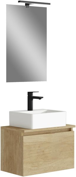 Baikal MAIA Badezimmermöbel-Set, Kleiner Schrank mit Keramikwaschbecken und Spiegel mit LED-Wandleuchte, Wandschrank, Verschiedene Ausführungen und Größen, montiert.