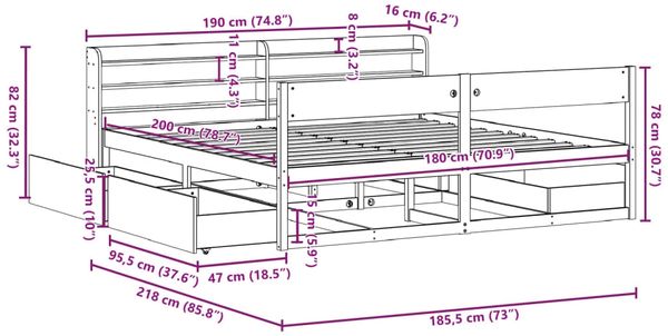 vidaXL Massivholzbett ohne Matratze Wachsbraun 180x200 Kiefernholz 3307115 Bild 12
