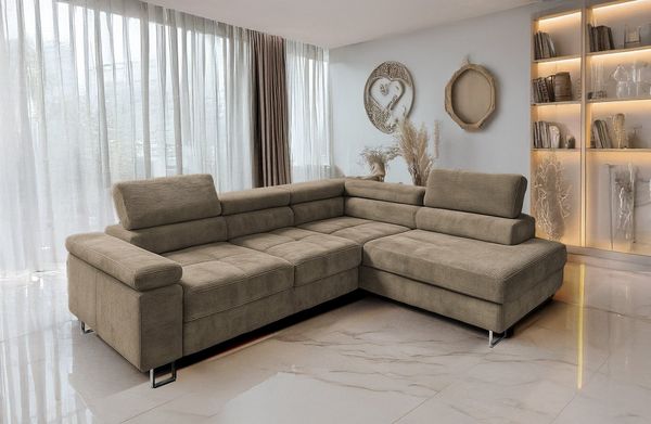 Goldstoff Ecksofa mit Schlaffunktion, Cord Couch für Wohnzimmer - Cord Ecksofa, Cord Sofa VOYAGE 2 Teile, Großer Bettkasten