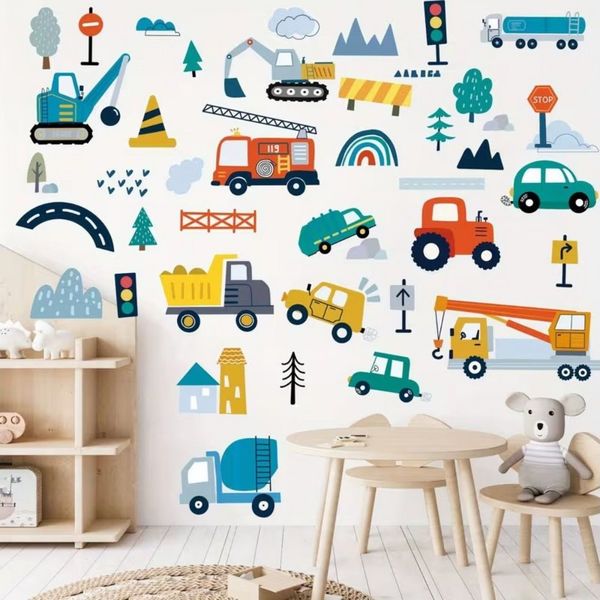 Montegoni Wandsticker Baustellenfahrzeuge Wandsticker Set Kinderzimmer Bagger LKW Kran (Mehrteiliges Wandsticker Set, 5er Set Baustellen Wandsticker), Selbstklebend, Ablösbar, Glänzend, Mehrteilig, Dekorativ