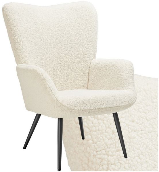 tectake Relaxsessel Polstersessel, bodenschonend, Belastbarkeit 150 kg, 72 x 76 x 100,5 (Fernsehsessel Hygge, in Bouclé Creme/Schwarz), gepolstert, Armlehnen und ergonomische Rückenlehne, runde Stahlbeine