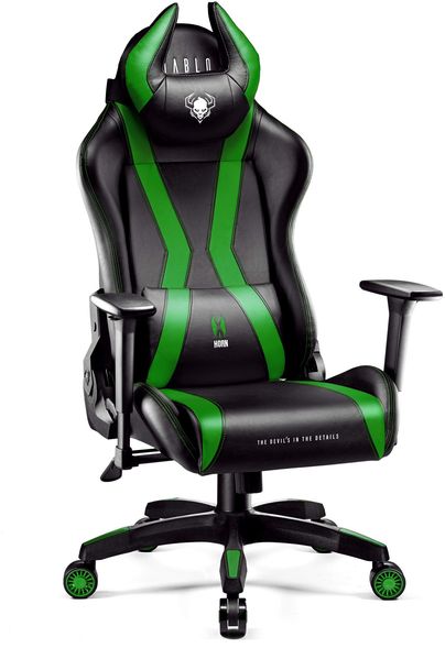 Diablo Anpassbarer Gaming Stuhl Ergonomisch X-Horn 2.0 | Verstellbare Rücken-, Sitz- und Armlehnen | Nacken-/Lendenkissen, Eco Lederpolsterung | Ergonomischer Gamer Stuhl | Normal (L) | Schwarz-Grün