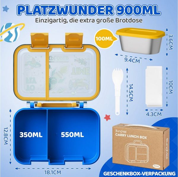 Bundviel Lunchbox Brotdose Kinder mit Fächern Bento Box Auslaufsicher Lunchbox, PP+ABS, (mit 100ml Edelstahl-Dippschale, Kindergarten und Schule - Mädchen und Jungen, Vesperbox, Snackbox)