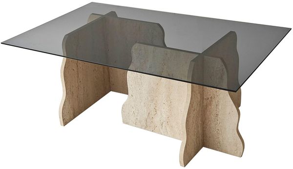 Modern Coffee Table, 105 cm, Tempered Glass & Melamine Coated Particle Board, 18 mm Thick, Travertine & Fume Colors | Stylish & Functional Design for Any Space