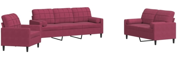 vidaXL 3-tlg. Sofagarnitur mit Kissen und Nackenrollen Weinrot Samt 3278375