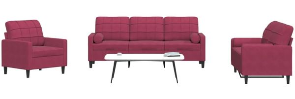vidaXL 3-tlg. Sofagarnitur mit Kissen und Nackenrollen Weinrot Samt 3278375