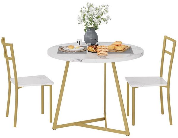 GarveeMore Essgruppe Esstisch mit 2 Stühlen,für Küche & Esszimmer, Runder Esstisch mit 2 Gepolsterter Sitz für kleinen Raum