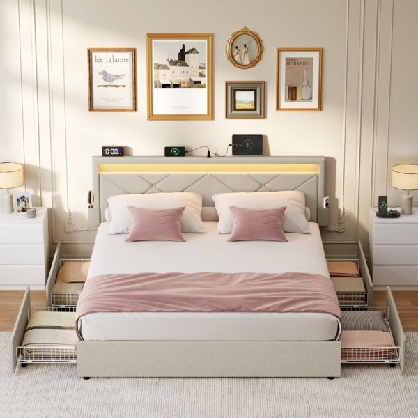 VASAGLE Doppelbettgestell, Bettgestell, 140x200 cm, LED, Metallbett, 4 Schubladen, Ladestation, verstellbares gepolstertes Kopfteil, cappuccinobeige RMB827LH01