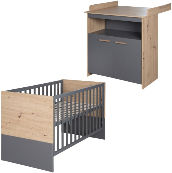 roba 'Anna' Babymöbel Set inkl. Babybett und Wickelkommode, abnehmbarer Aufsatz, Anthrazit / Dekor Kent Eiche, 60x120 cm Bild 2