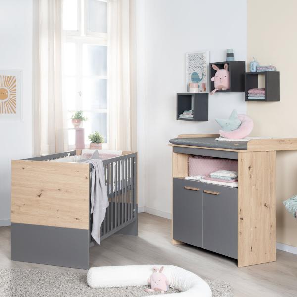 roba 'Anna' Babymöbel Set inkl. Babybett und Wickelkommode, abnehmbarer Aufsatz, Anthrazit / Dekor Kent Eiche, 60x120 cm