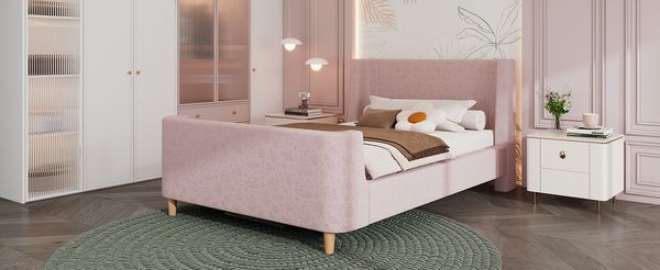 Polsterbett 90x200 cm, Schlitten-Design mit Samtbezug und kindlichem Weltraum-Motiv (Rosa)