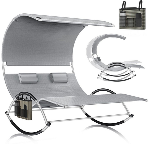 KESSER® Doppel-Sonnenliege Doppelliege | mit Sonnendach , Kopfkissen Tasche | für 2 Personen | Relaxliege | Gartenliege | Schaukelliege ergonomisch geformte Liegefläche | 240 kg Belastung | Grau