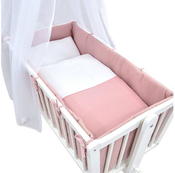 Baby-Delux Stubenbett Babywiege Komplettset Waffelpique Musselin, Schaukelwiege Weiß 90x40cm Komplett Bettset Wiegenset