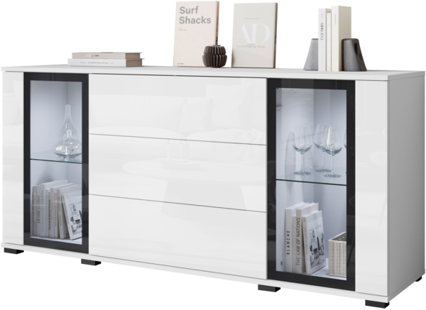 Kommode Clarkoy SB 150 2D3S (Farbe: Weiß / Weiß Hochglanz, mit weißer LED Beleuchtung)