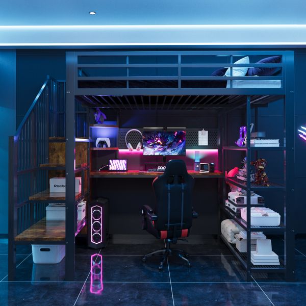 Merax Hochbett 140 × 200 cm, Kinderbett, Langer Schreibtisch Und Lange Lochwand, Kleines Dreieckiges Regal, Mit Euro-Steckdosen Und LED-Lichtleiste, Mehrstöckige Ablagefächer, Schwarz