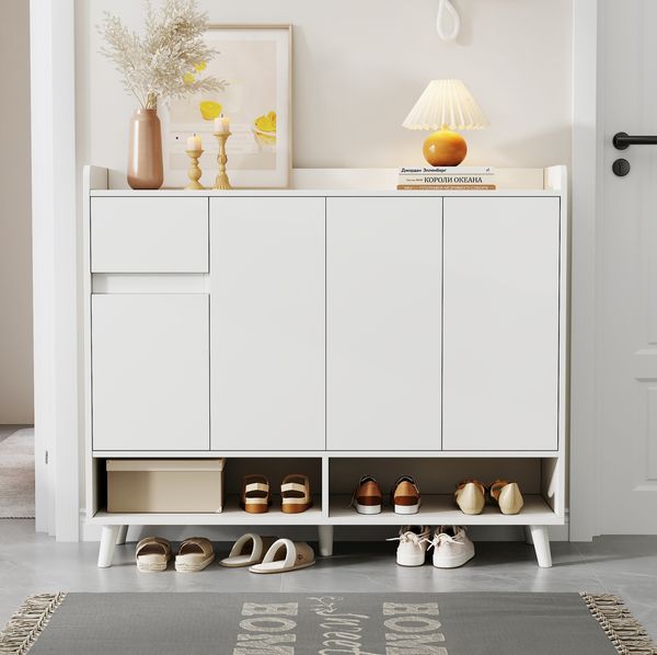 Schuhschrank 120 x 35 x 99 cm in Weiß, mit 4 Türen, 1 Schublade und verstellbarem Einlegeboden