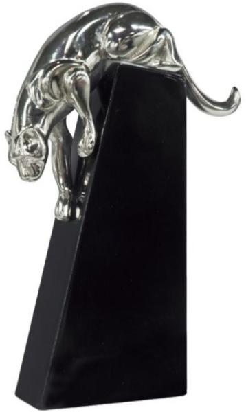 Casa Padrino Luxus Bronzefigur Panther Silber / Schwarz 17 x 6 x H. 28 cm - Elegante Dekofigur auf Holzsockel