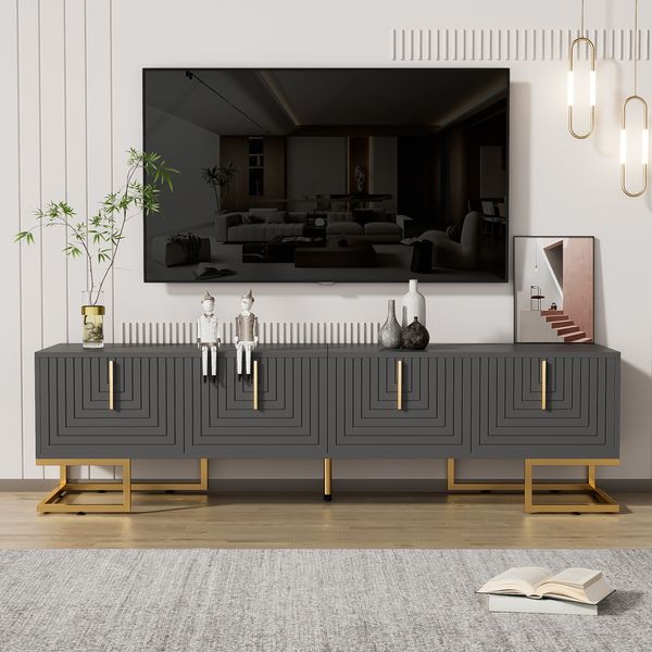TV-Schrank,lowboard mit strukturierter Tür, TV-Möbel, goldenen Griffen und goldenen Füßen.