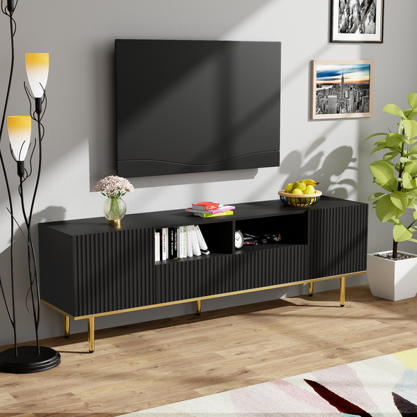 TV-Schrank 165 x 36 x 55 cm aus Spanplatte in Schwarz mit goldfarbenen Akzenten, 2 Schubladen