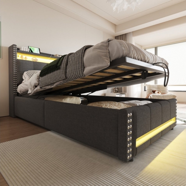 HAUSS SPOLE Polsterbett 90x200cm mit LED-Beleuchtung und USB-Steckdose, Leinenstoff Grau (90x200 cm mit LED-Farbwechsel, USB-Ladeanschluss und hydraulischem Stauraum, für Kinderzimmer und Jugendzimmer), ohne Matratze
