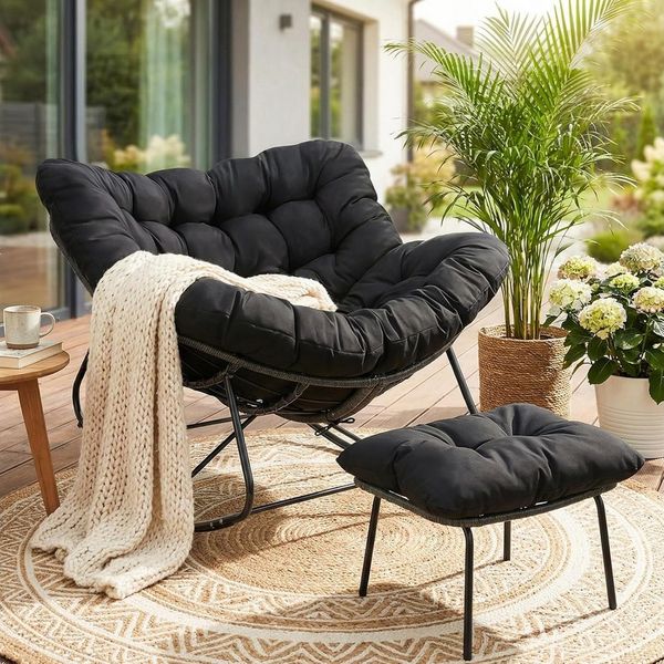 TLGREEN Schaukelstuhl Eiförmiger Rattanschaukelstuhl mit Fußhocker-Set, (Schaukelsessel Oversized, wetterfeste, mit dickem Abnehmbar Polster), Belastung von 150kg, Loungesessel für Garten Balkon Wohnzimmer