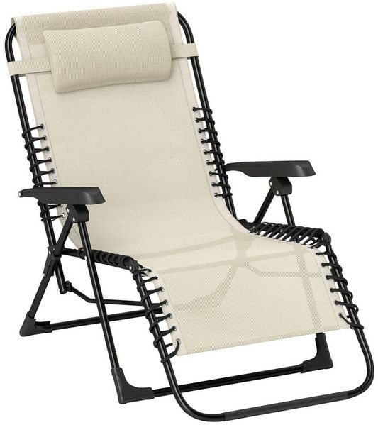 Outsunny Gartenliege mit Kopfkissen, 5-Fach verstellbare Rückenlehne, wetterfest, Klappbarer Sonnenliege, 1 St, Liegestuhl, bis 120 kg belastbar, für Garten Outdoor Strand, Beige